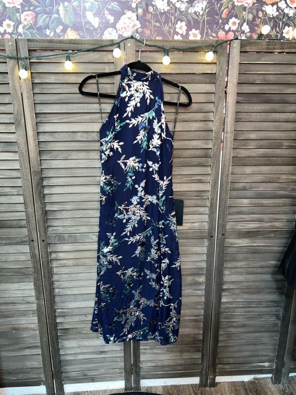 Lulu's Lizbeth Navy Floral Jacquard Backless Halter Midi Dress with Side Slit - Picture 4 of 15